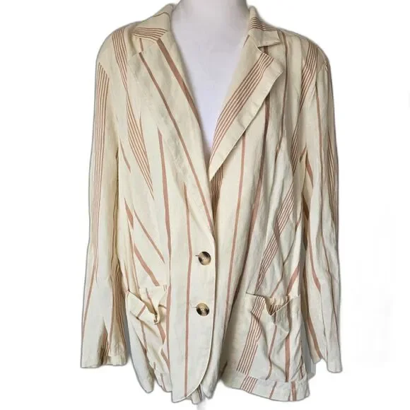 ModCloth Opportunity Linen/Viscose Blazer Cream Striped Front Pockets Light 1X - Picture 5 of 11